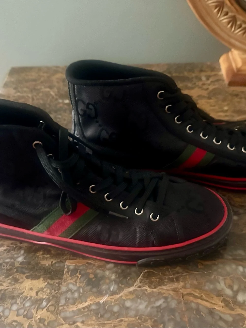 Gucci Black High-Top Sneakers with Green and Red Stripe